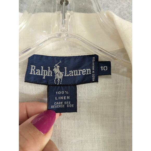 Polo Ralph Lauren Shirt Womens Sz 10 100% Linen Short Sleeve Button cream vtg - Picture 6 of 10